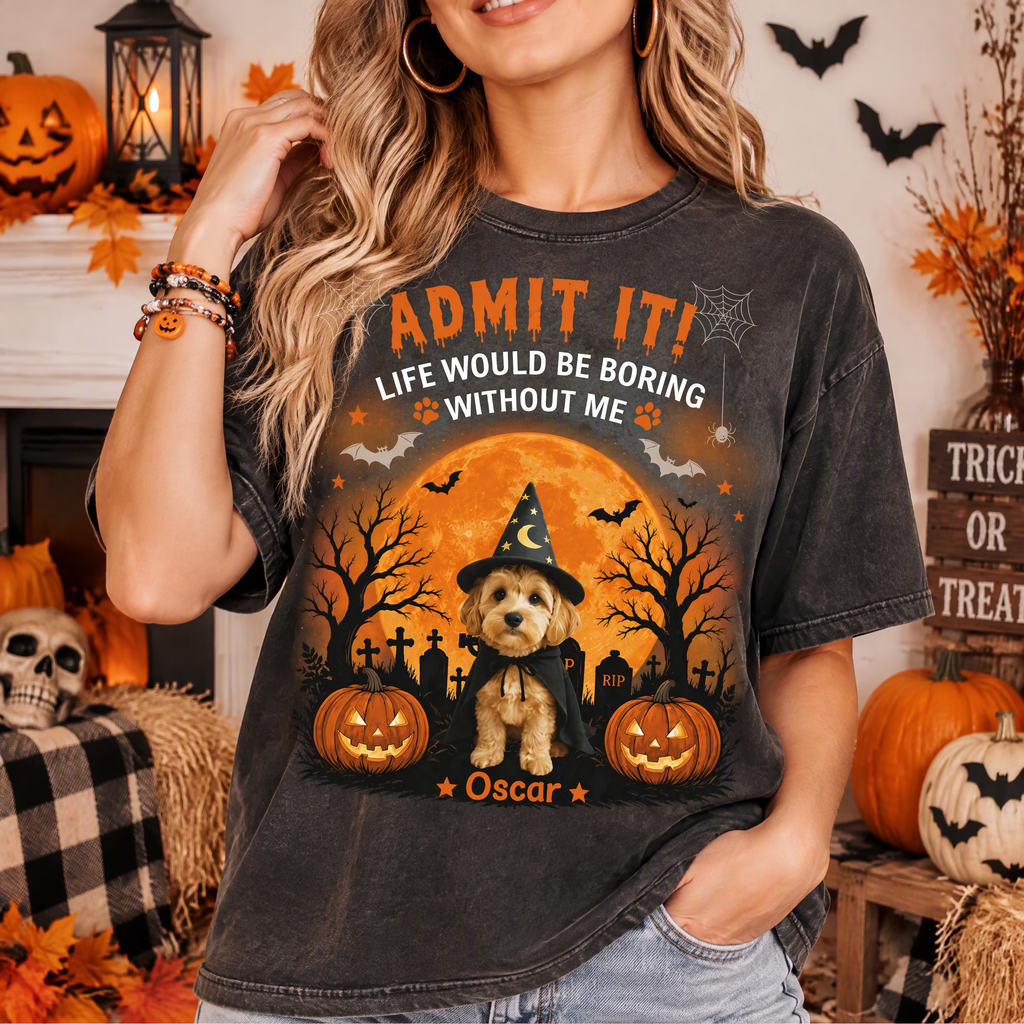 Custom Photo Upload Halloween T-Shirt with Pumpkins & Spooky Moon 50THY
