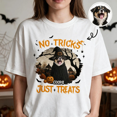 Custom Photo Upload T-Shirt No Tricks Just Treats Halloween 26X9H