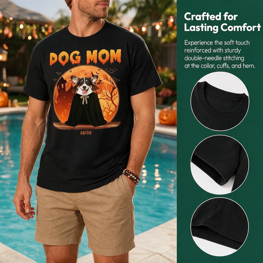 Custom Photo Dog Mom Dad T-Shirt with Halloween Moon & Dogs BUR9N