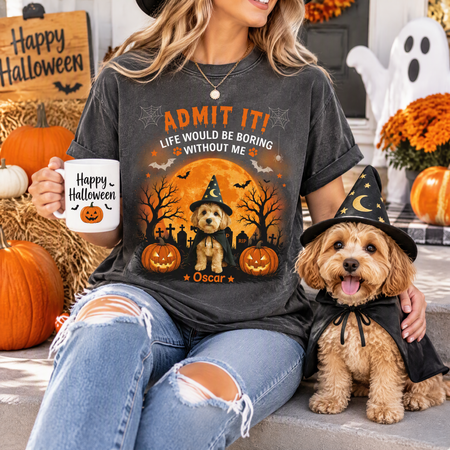 Custom Photo Upload Halloween T-Shirt with Pumpkins & Spooky Moon 50THY