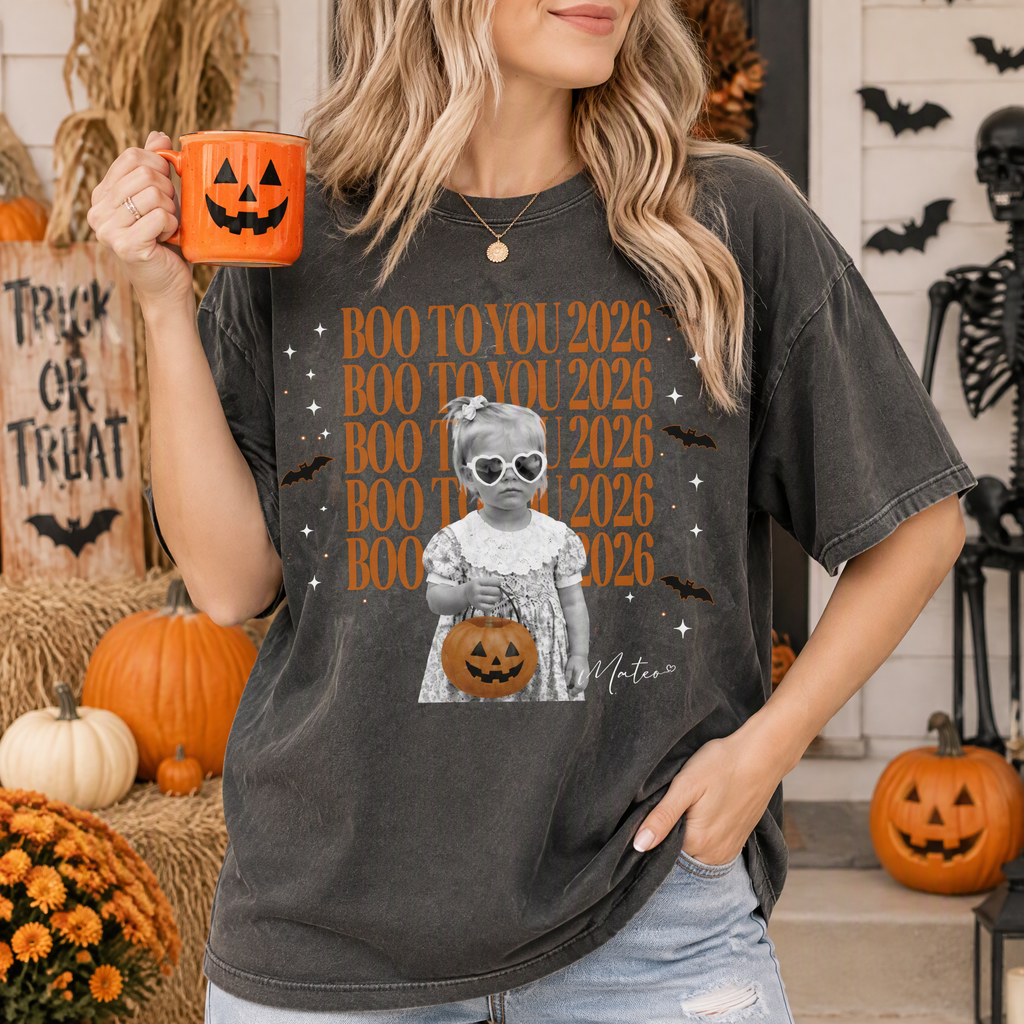 Custom Photo Upload Halloween T-Shirt with Boo To You 2026 & Bats U70FU