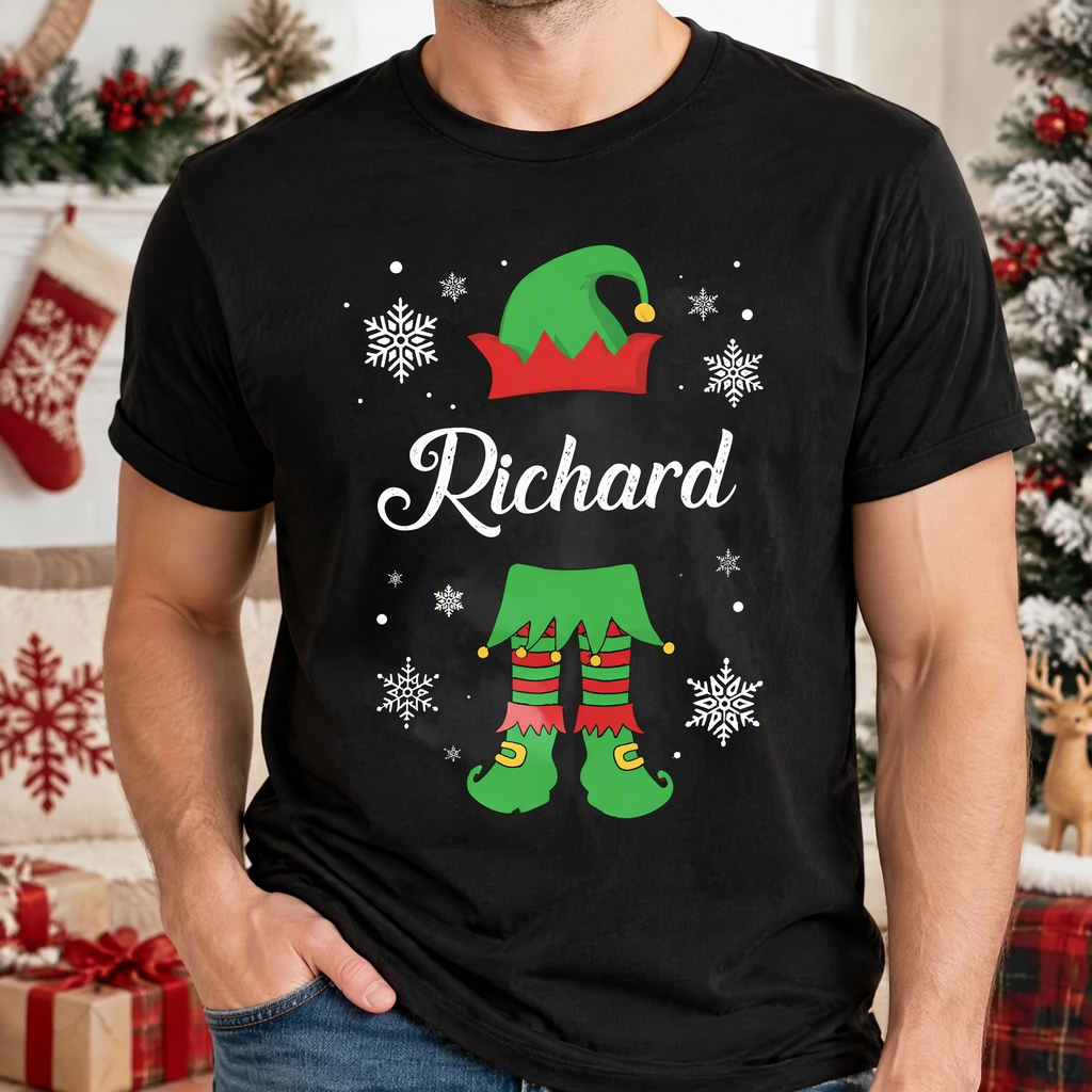 Custom Personalized T-Shirt with Elf Hat & Snowflakes R5KW5