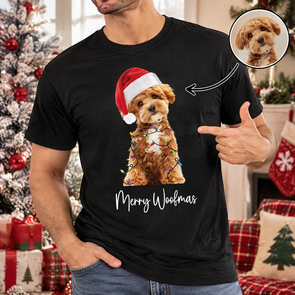 Custom Photo Upload T-Shirt with Merry Woofmas Dog in Santa Hat ANSB0