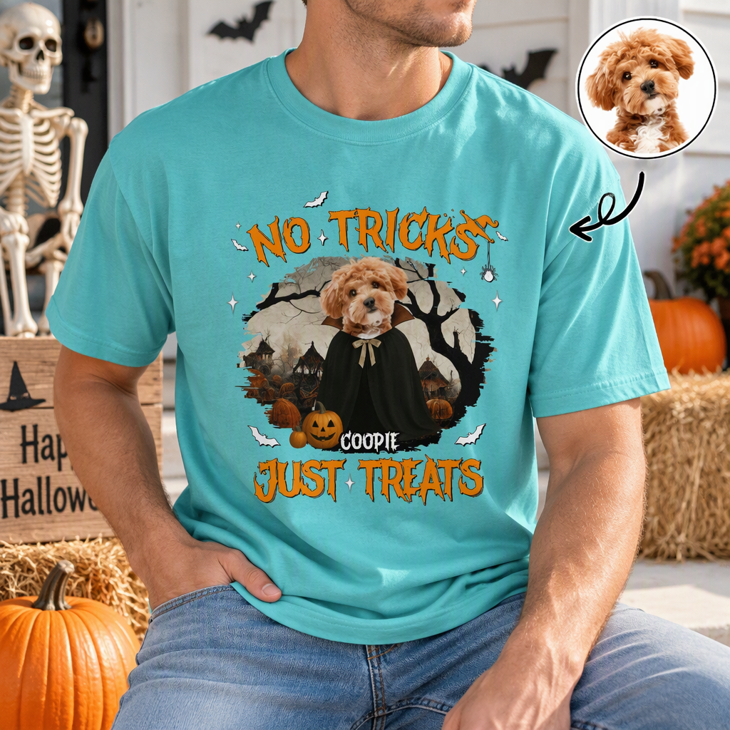 Custom Photo Upload T-Shirt No Tricks Just Treats Halloween 26X9H