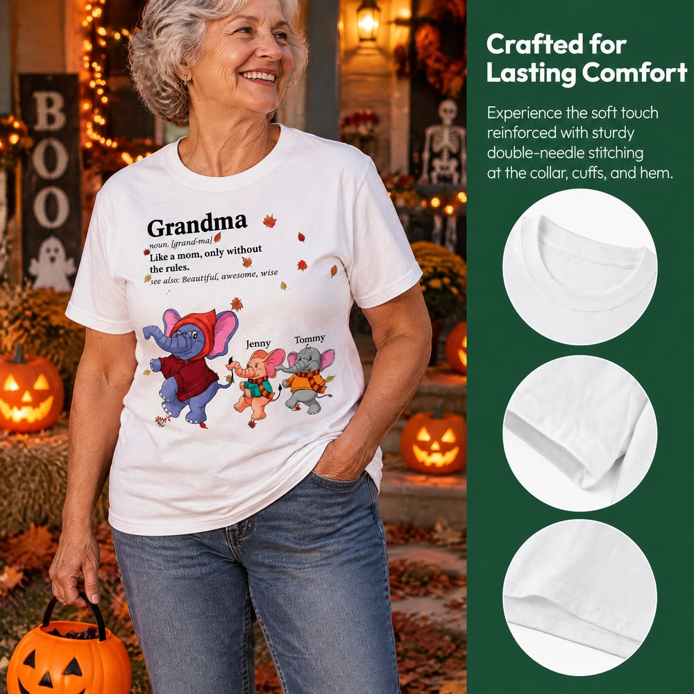 Custom Personalized Grandma T-Shirt with Elephant Kids and Fall Leaves AV1LI