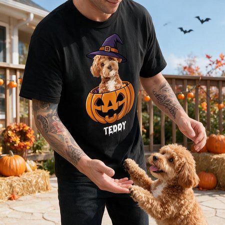 Custom Personalized Photo T-Shirt with Witch Hat & Pumpkin Design EX7ML