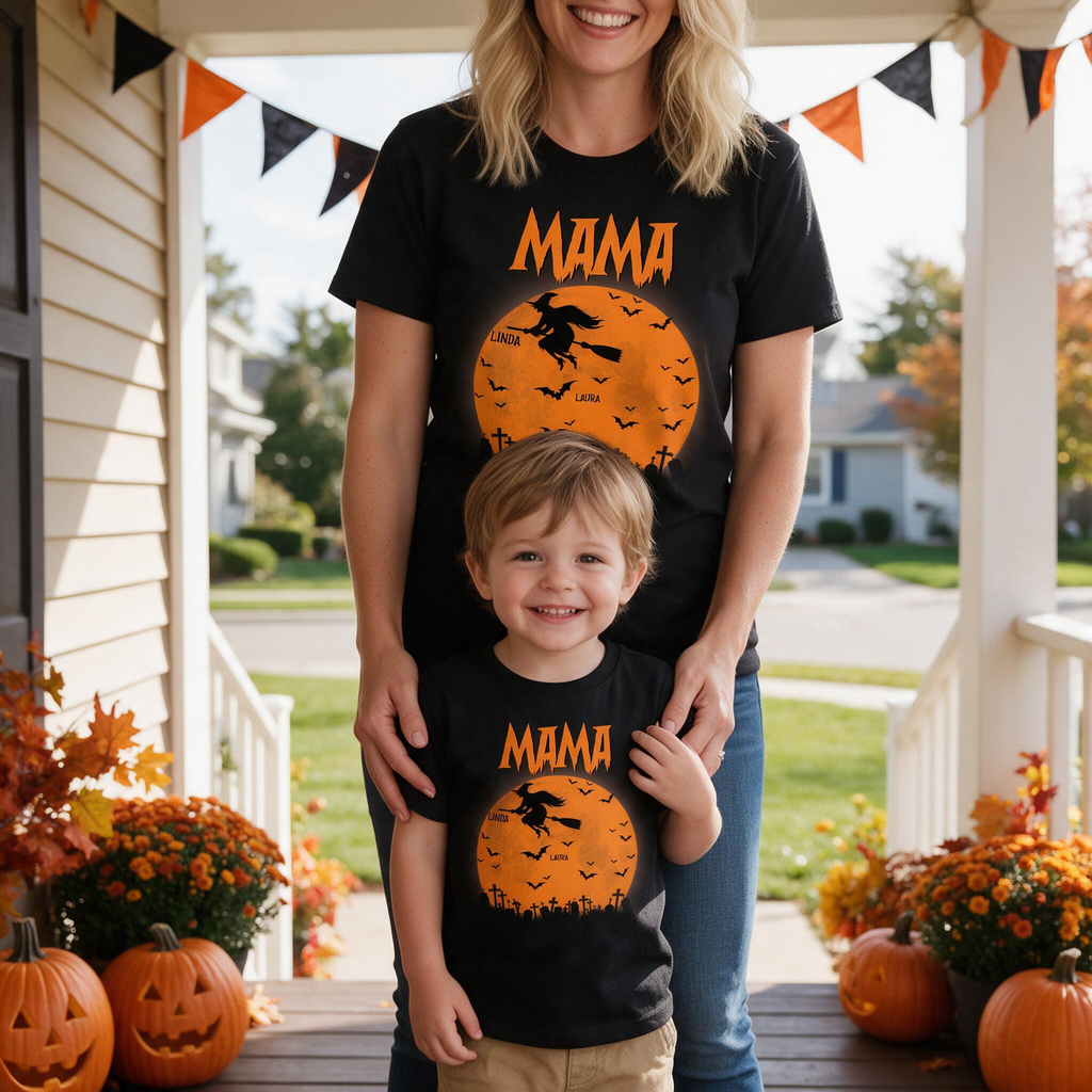 Custom Personalized Halloween T-Shirt with Witch and Bats 8PZJE