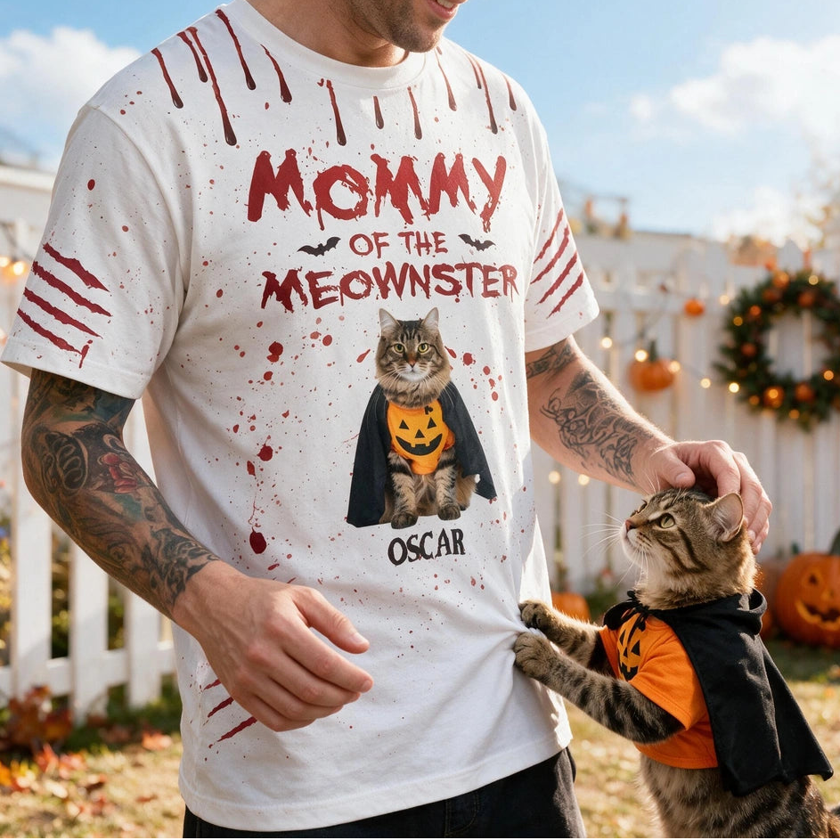 Custom Photo Upload Mommy Daddy of the Meownster Halloween T-Shirt W55Z4