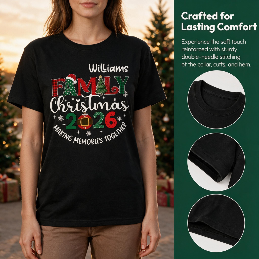 Custom Personalized Family Christmas T-Shirt with Santa Hats & Trees 2LLYY