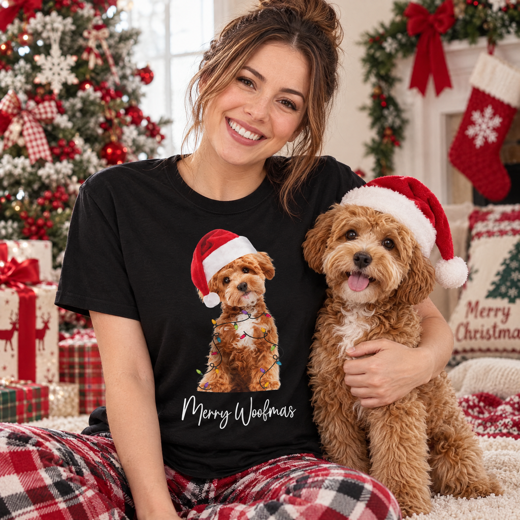 Custom Photo Upload T-Shirt with Merry Woofmas Dog in Santa Hat ANSB0