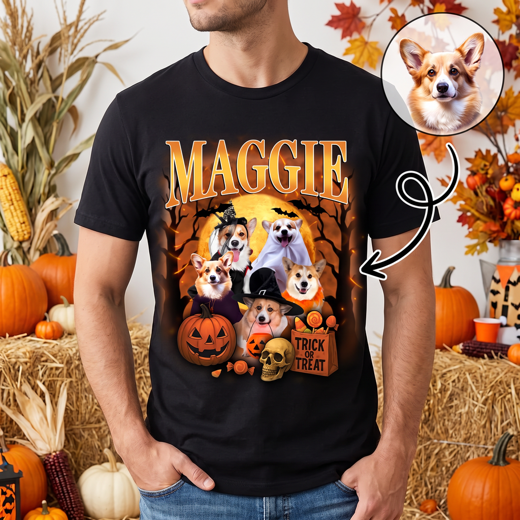 Custom Personalized Photo T-Shirt with Halloween Dogs & Pumpkins 3XV8G