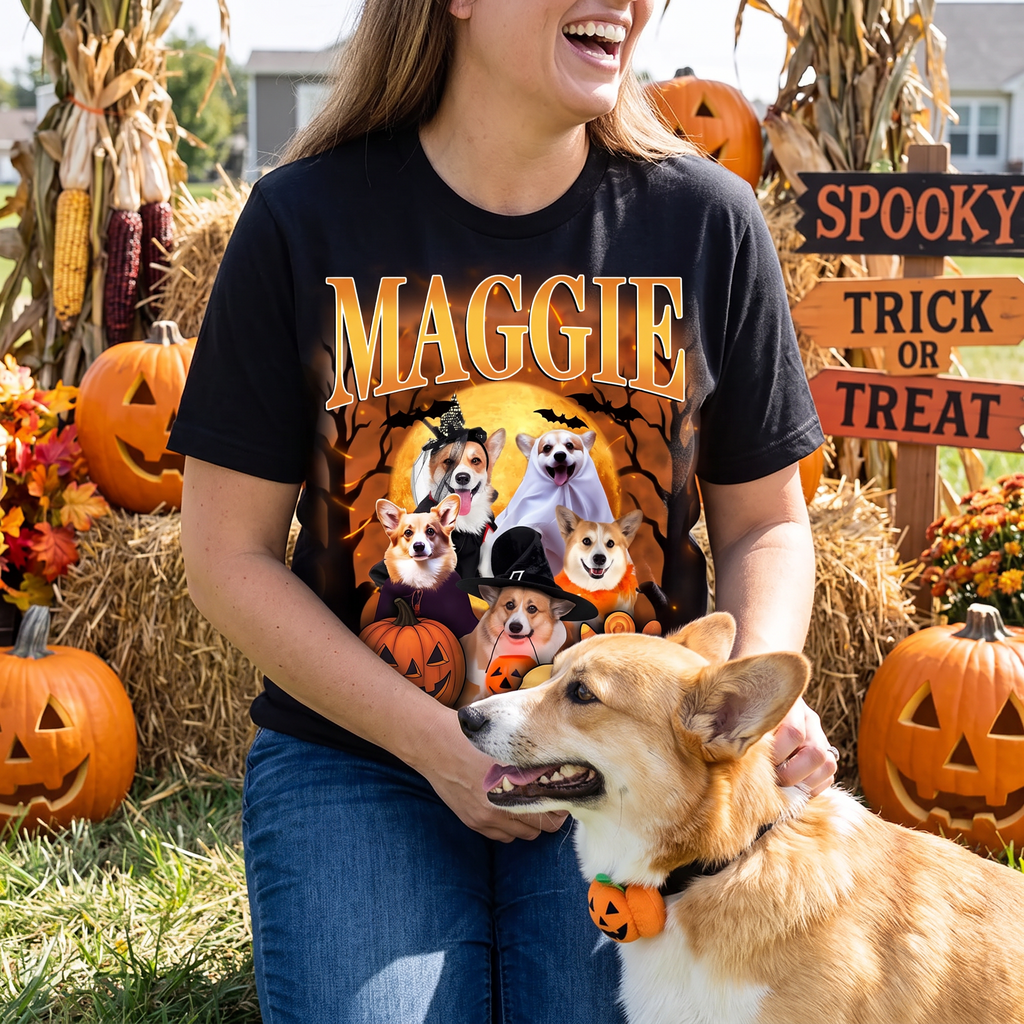 Custom Personalized Photo T-Shirt with Halloween Dogs & Pumpkins 3XV8G