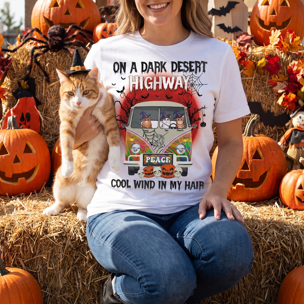 Custom Personalized Cat T-Shirt On A Dark Desert Highway Cool Wind FBI4C