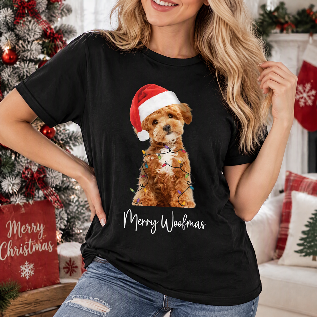 Custom Photo Upload T-Shirt with Merry Woofmas Dog in Santa Hat ANSB0