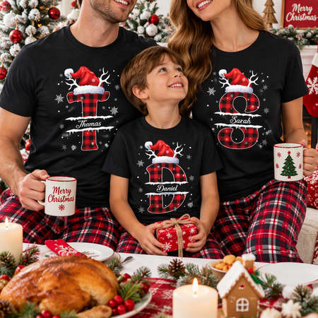Custom Personalized T-Shirt with Buffalo Plaid Letter & Santa Hat 51X9F