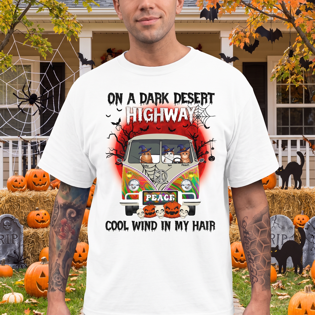 Custom Personalized Cat T-Shirt On A Dark Desert Highway Cool Wind FBI4C