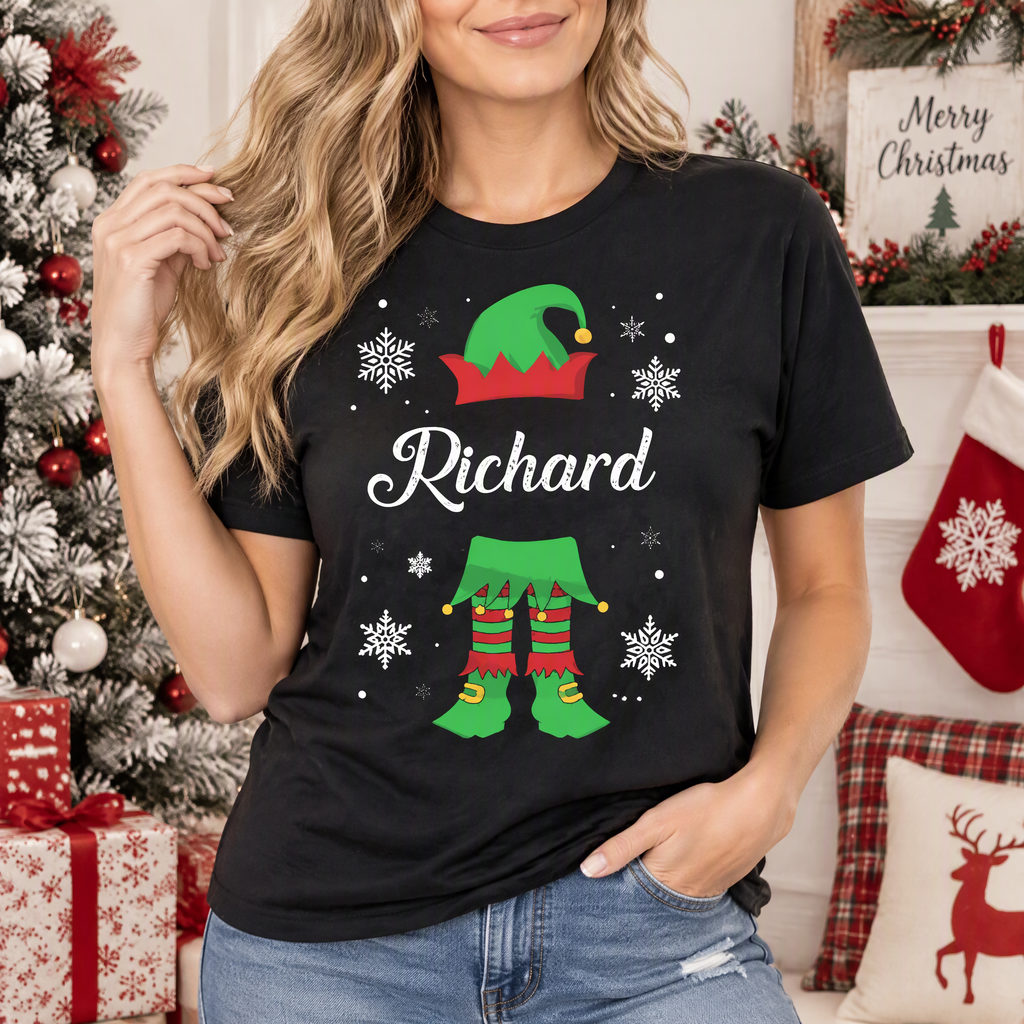Custom Personalized T-Shirt with Elf Hat & Snowflakes R5KW5