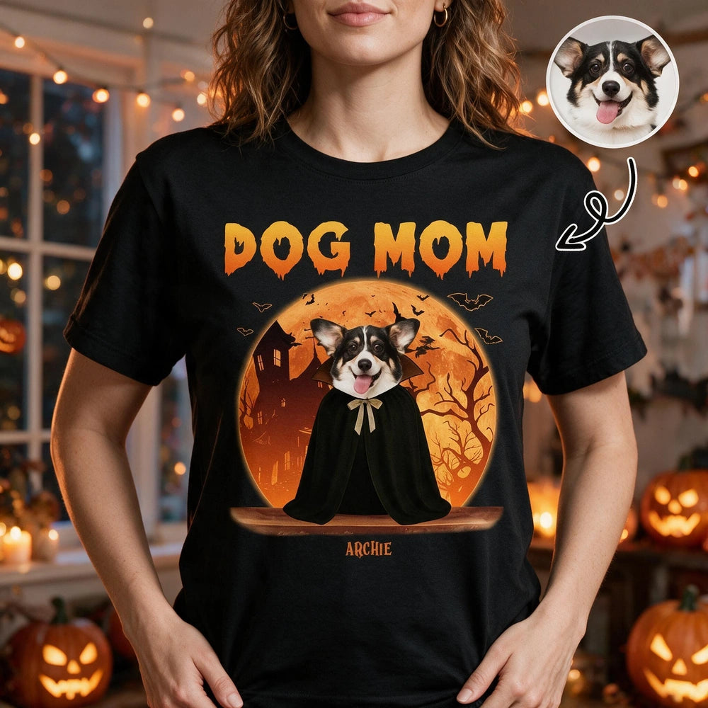 Custom Photo Dog Mom Dad T-Shirt with Halloween Moon & Dogs BUR9N