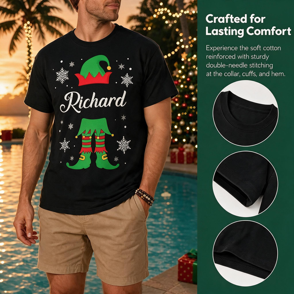 Custom Personalized T-Shirt with Elf Hat & Snowflakes R5KW5