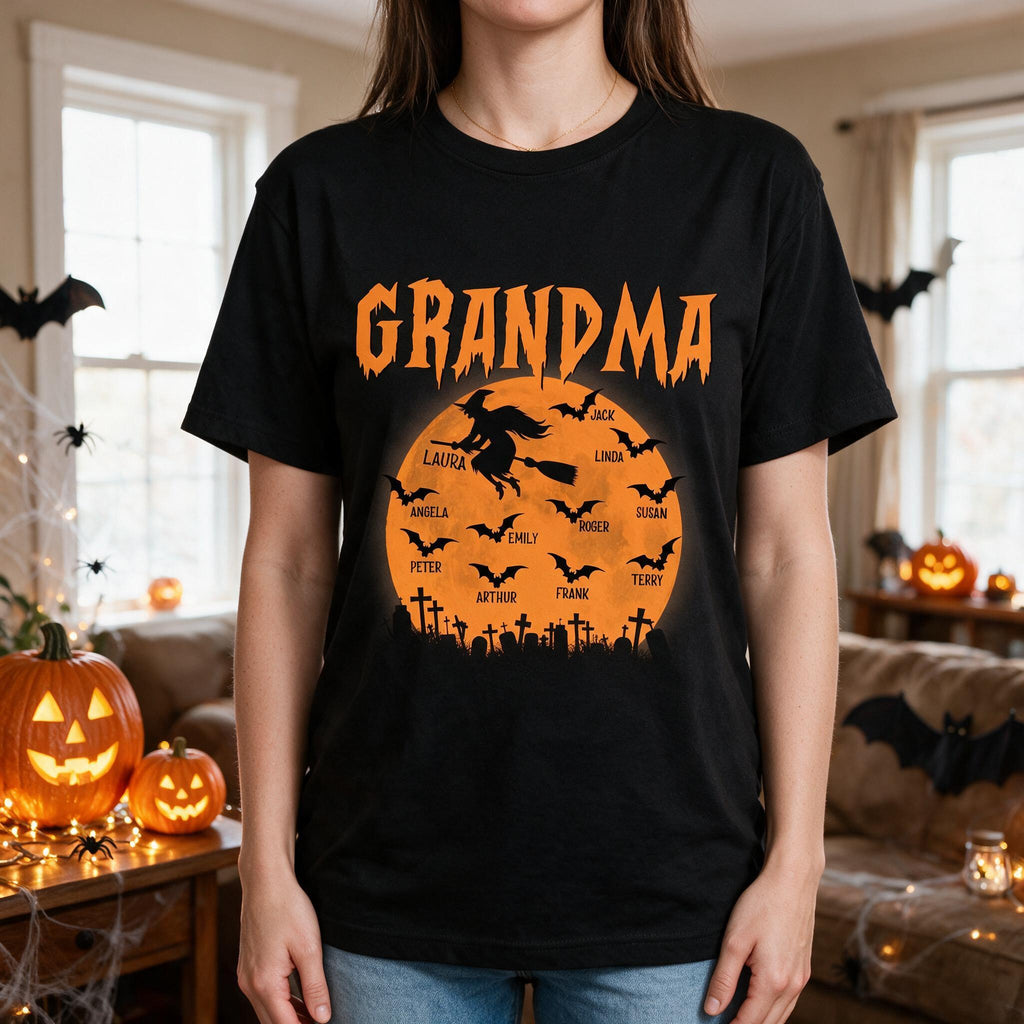 Custom Personalized Halloween T-Shirt with Witch and Bats 8PZJE