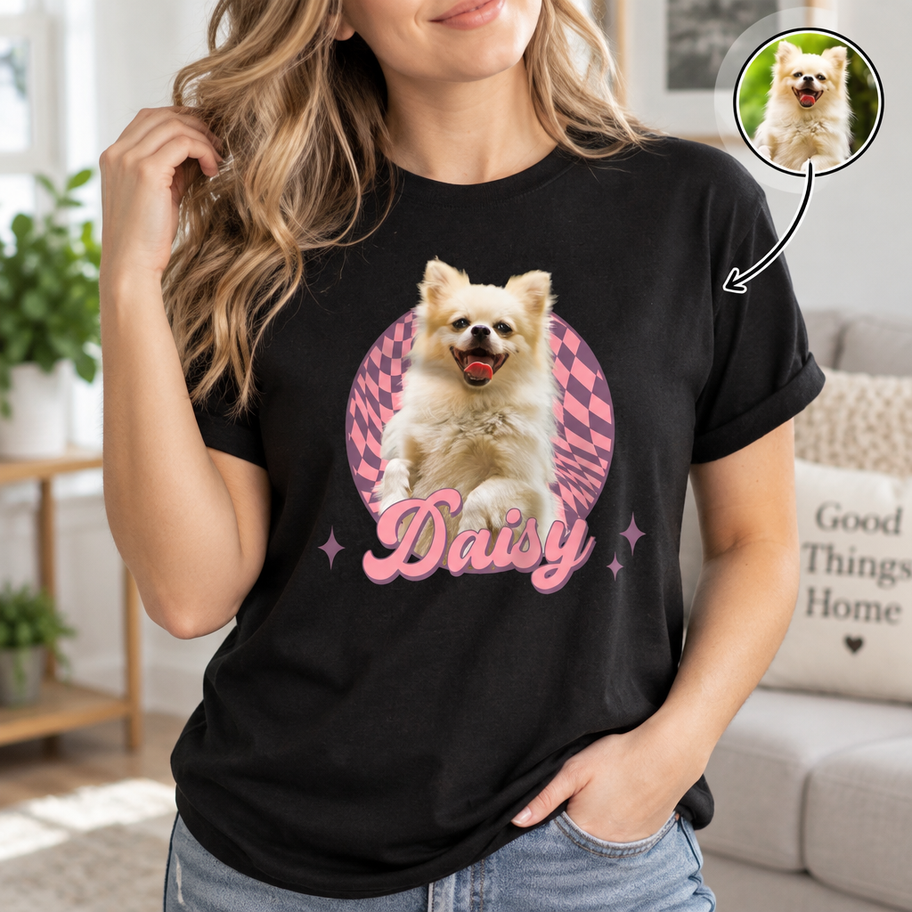 Custom Photo Upload T-Shirt with Retro Sunset Circle C2U9F
