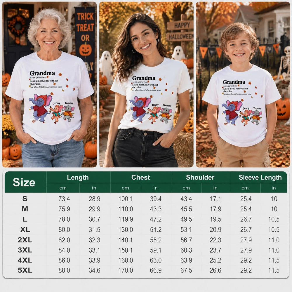 Custom Personalized Grandma T-Shirt with Elephant Kids and Fall Leaves AV1LI