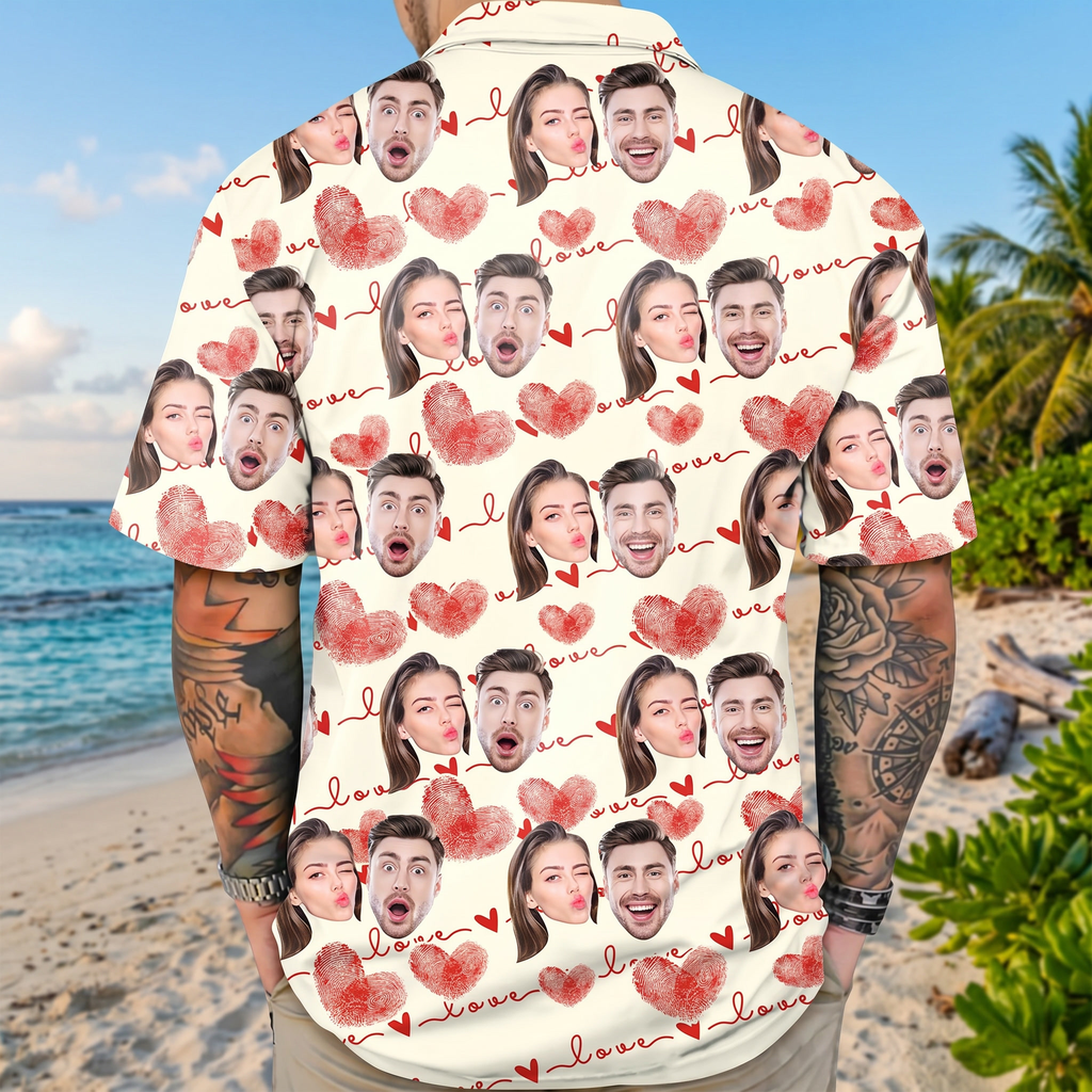 Custom Couple Photo With Heart Pattern Hawaiian Shirt