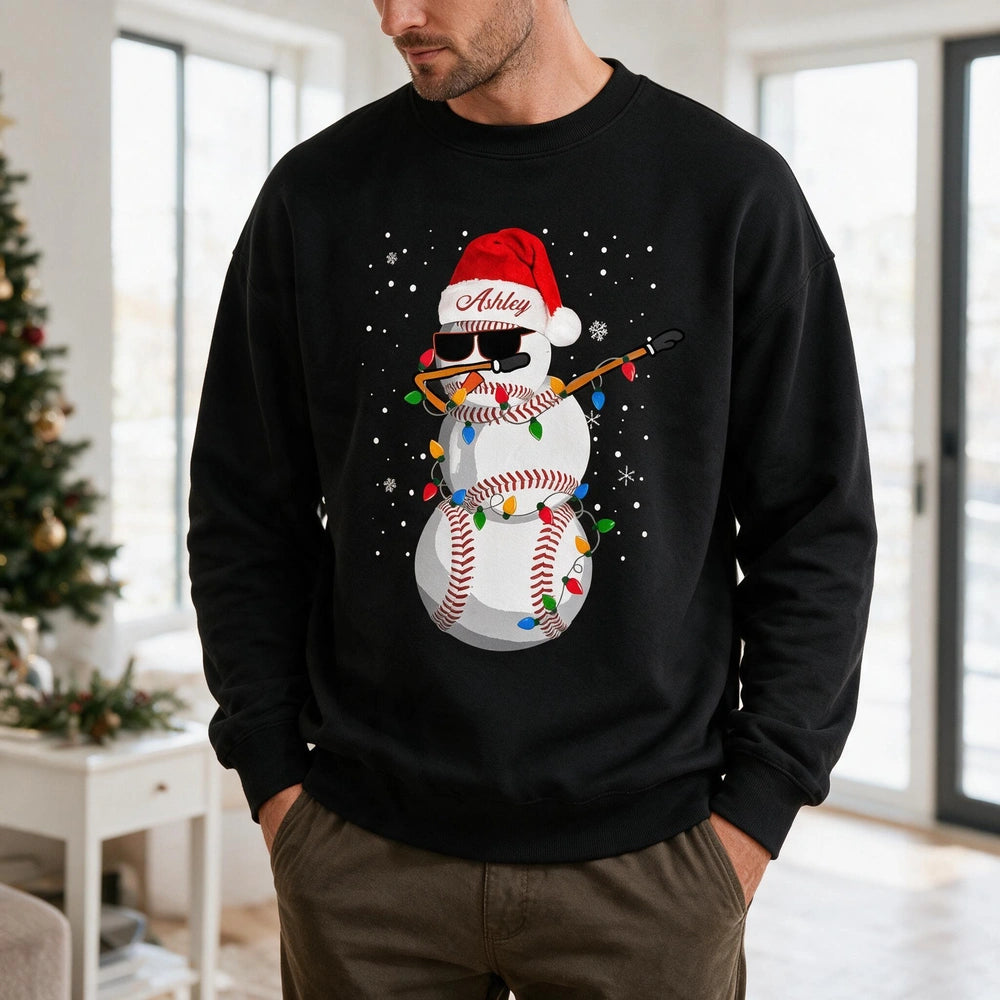 Custom Personalized Baseball Snowman Sweatshirt with Christmas Lights 62QIT