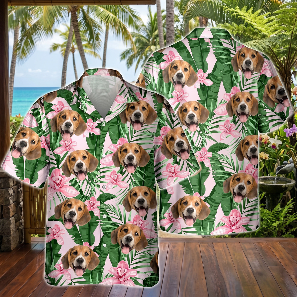 Custom Photo Funny Face Dog Cat Family Vacation Tropical Pattern Hawaiian Shirt
