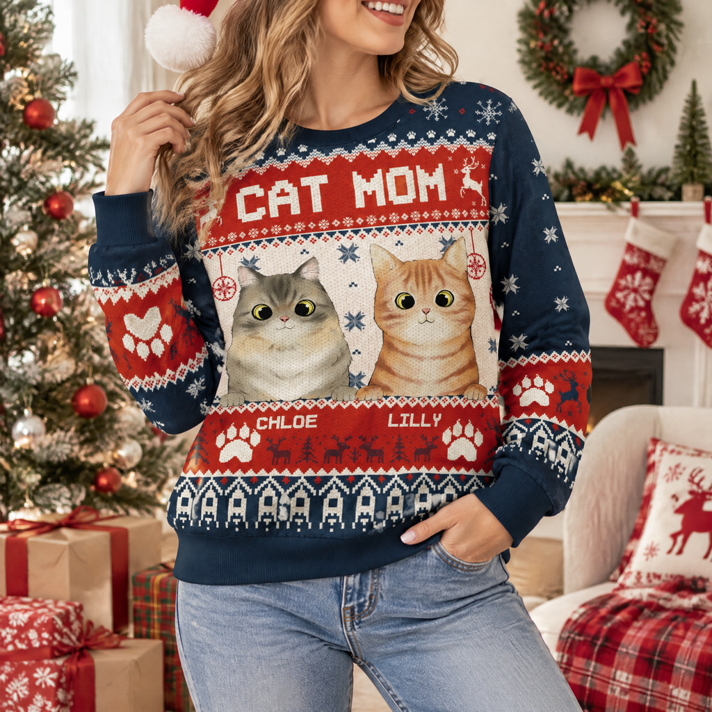 Custom Personalized Cat Dad Ugly Christmas Sweater with Photo Upload EE5WW