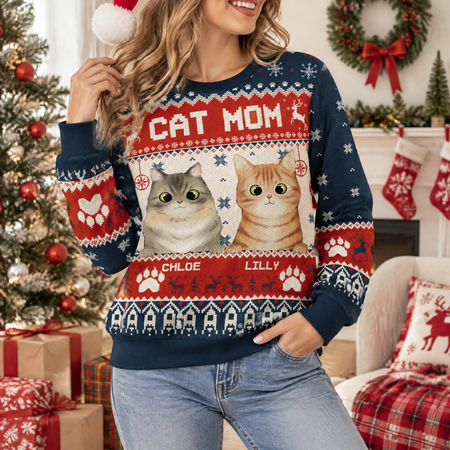Custom Personalized Cat Dad Ugly Christmas Sweater with Photo Upload EE5WW