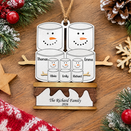 Custom Personalized Wood Ornament with Marshmallow Snowman Family MB985
