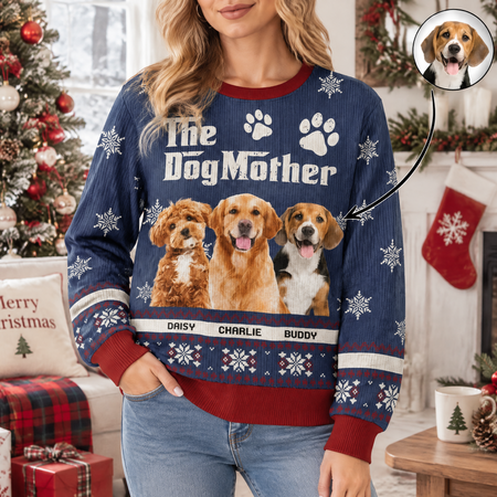Custom Photo Upload The DogMother Sweater with Snowflakes & Paw Prints CT8UZ