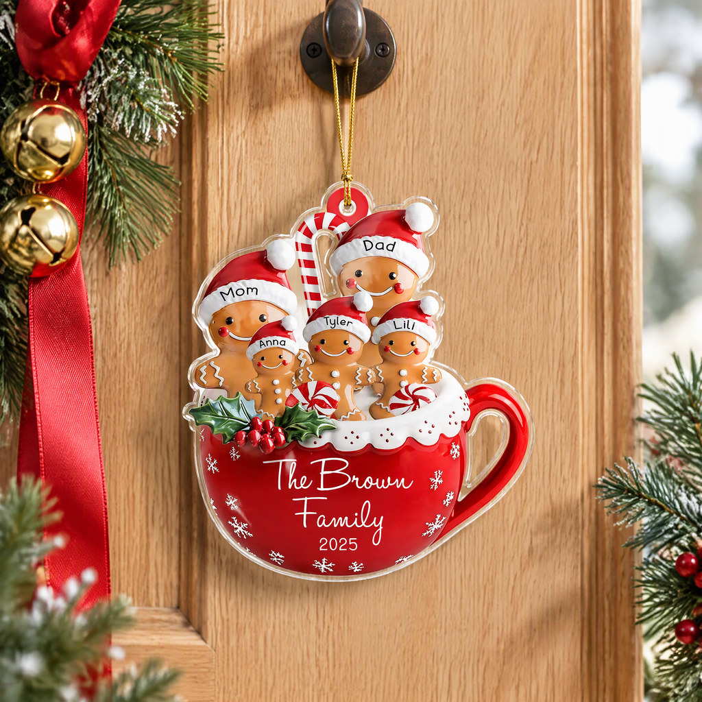 Custom Personalized Acrylic Ornament with Gingerbread Family in Mug Q7WGZ