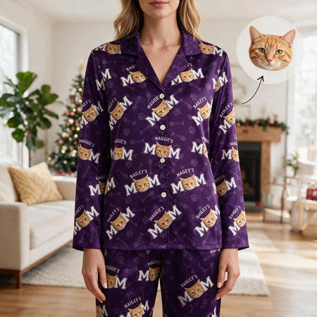 Custom Photo Upload Pajamas with Cat MOM DAD Pattern & Paw Prints BF8TU