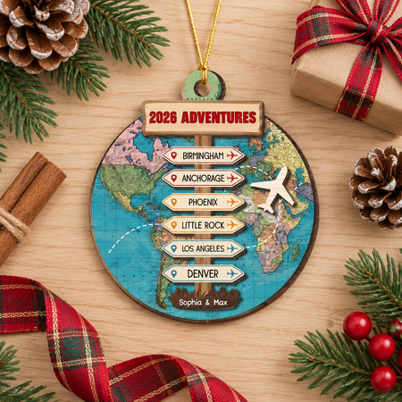Custom Personalized Wood Ornament with World Map & Travel Destinations GREZ2