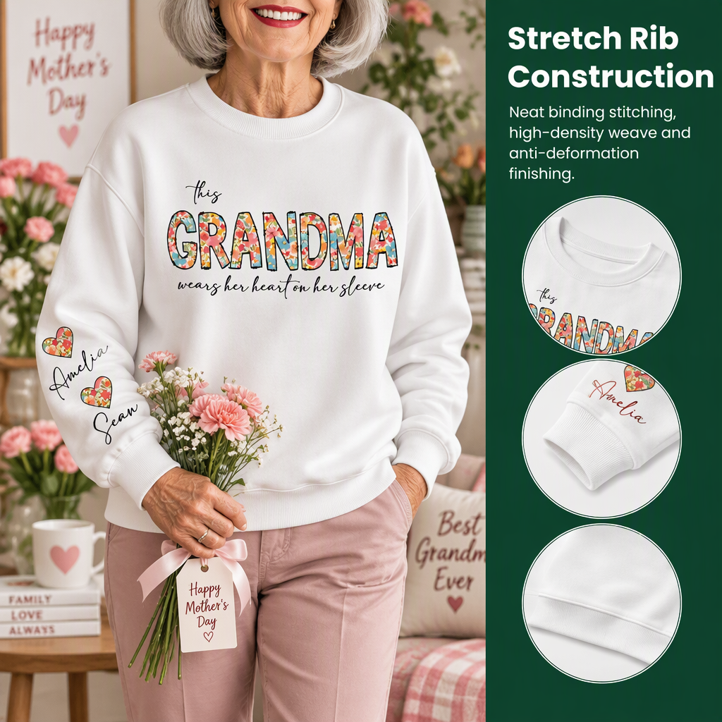Custom Personalized Grandma Floral Hearts Sweatshirt with Sleeve Names Y7CAW