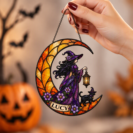 Custom Photo Suncatcher with Witch on Crescent Moon & Black Cat X6Z3S
