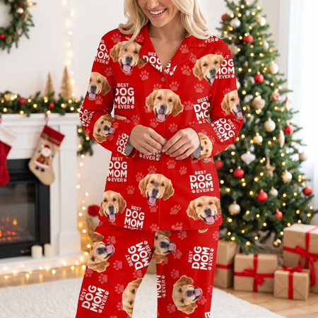 Custom Photo Upload Pajama Set with Best Dog Mom Ever & Paw Prints E9Q4M