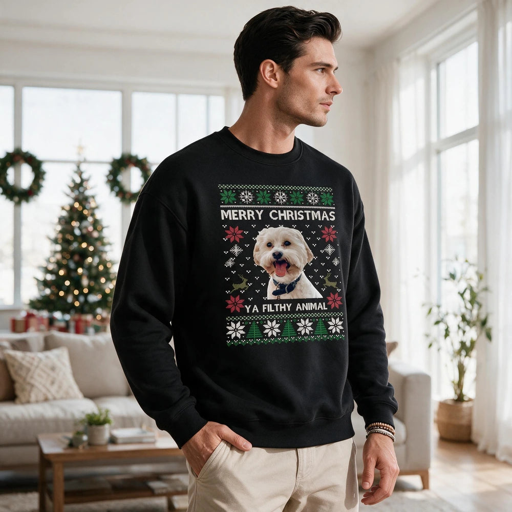 Custom Photo Ugly Christmas Ya Filthy Animal Dog Cat Sweatshirt, Dog Lover Sweater Christmas CVUFA