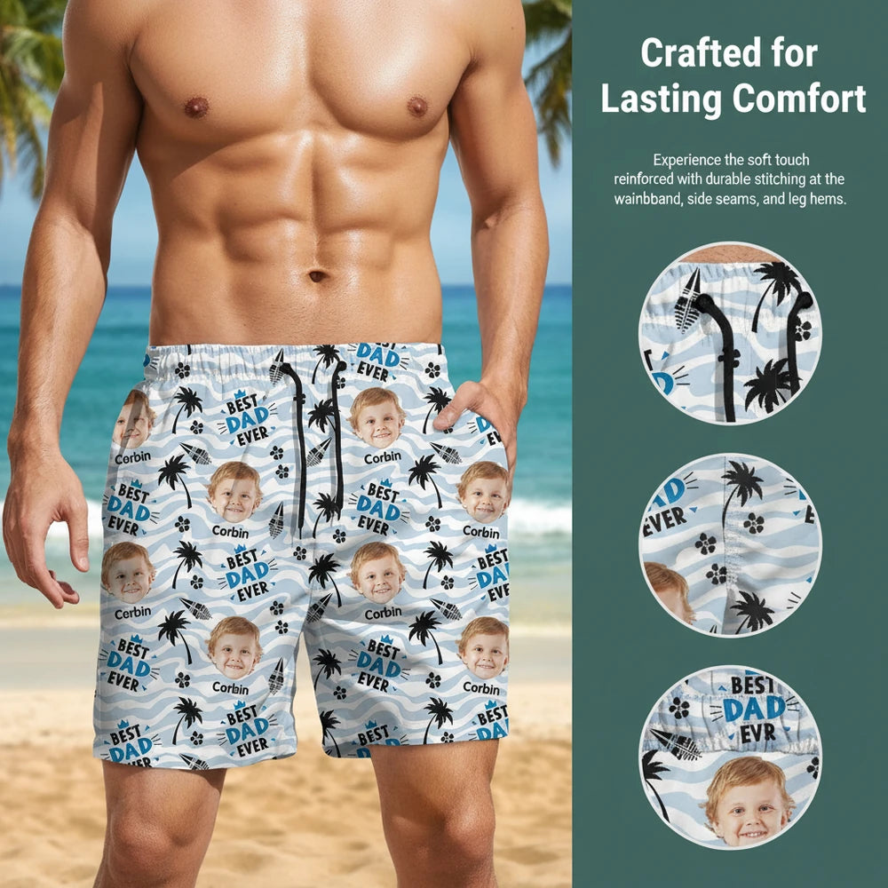 Custom Photo Upload Beach Shorts with Best Dad Ever & Palm Trees close-up detail