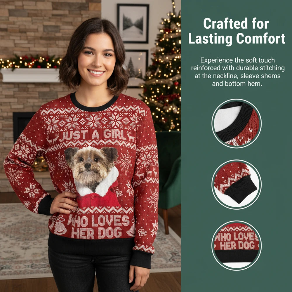Custom Photo Upload Just a Girl Who Loves Her Dog Sweater close-up detail