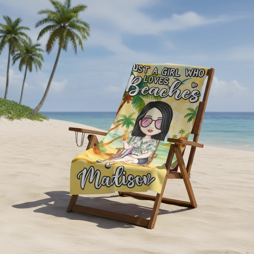 Custom Personalized Beach Towel Just A Girl Who Loves Beaches close-up detail