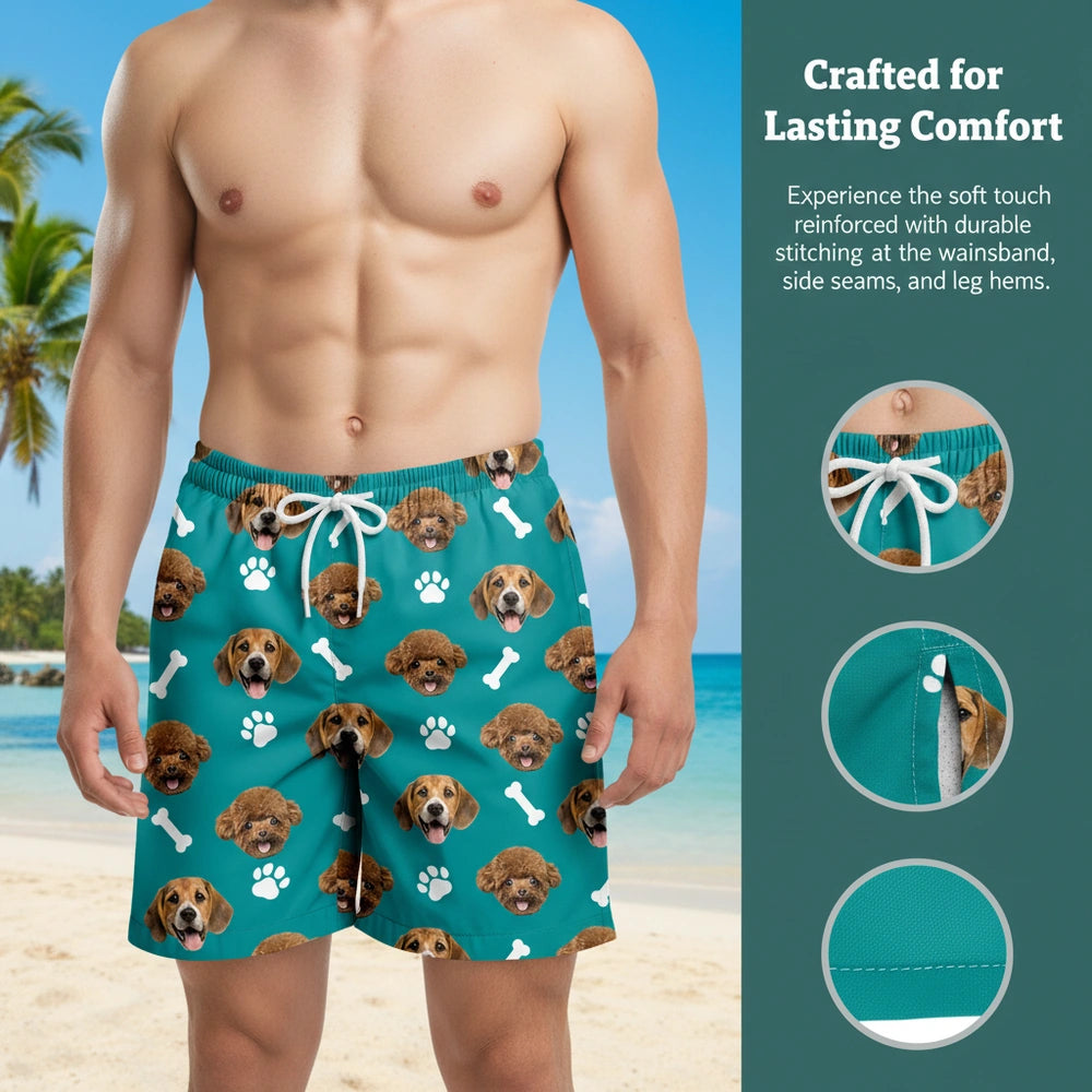 Custom Photo Upload Beach Shorts with Dog Faces & Paw Prints close-up detail