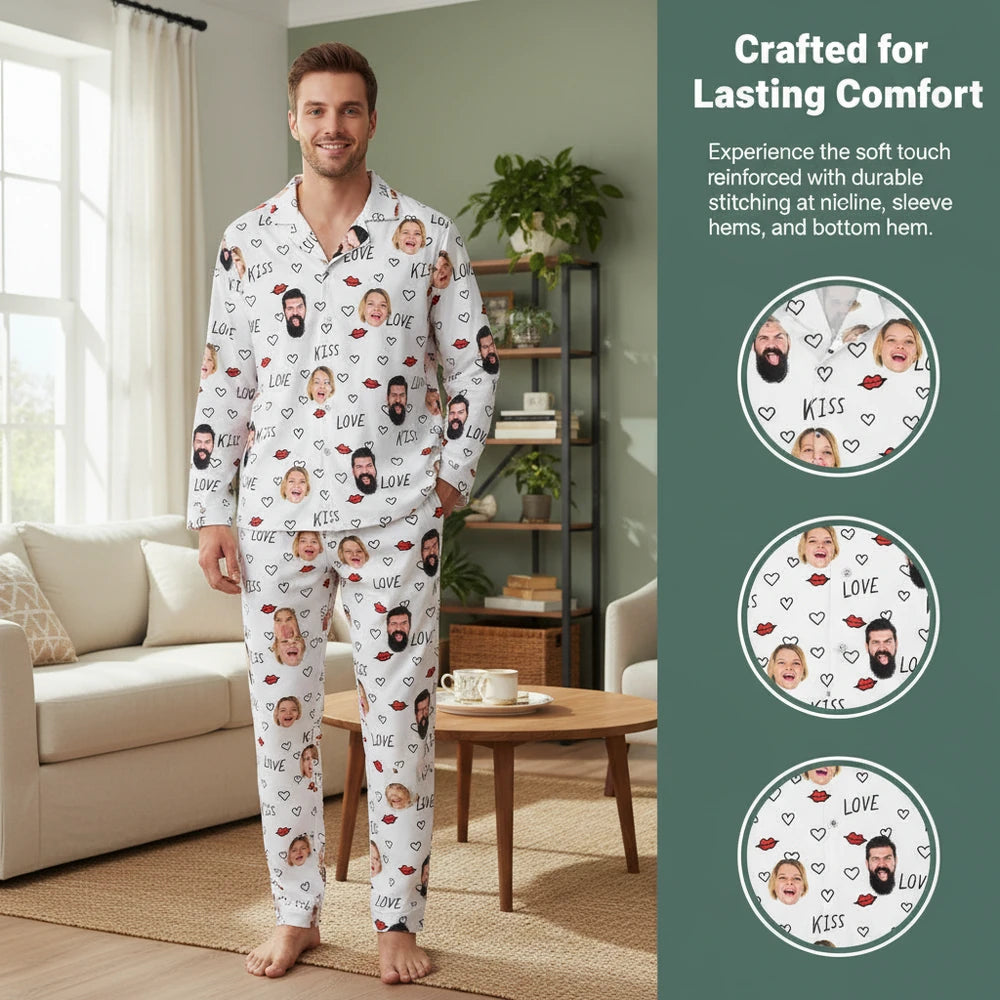 Custom Photo Upload Pajamas with Love Kiss Hearts and Red Lips close-up detail