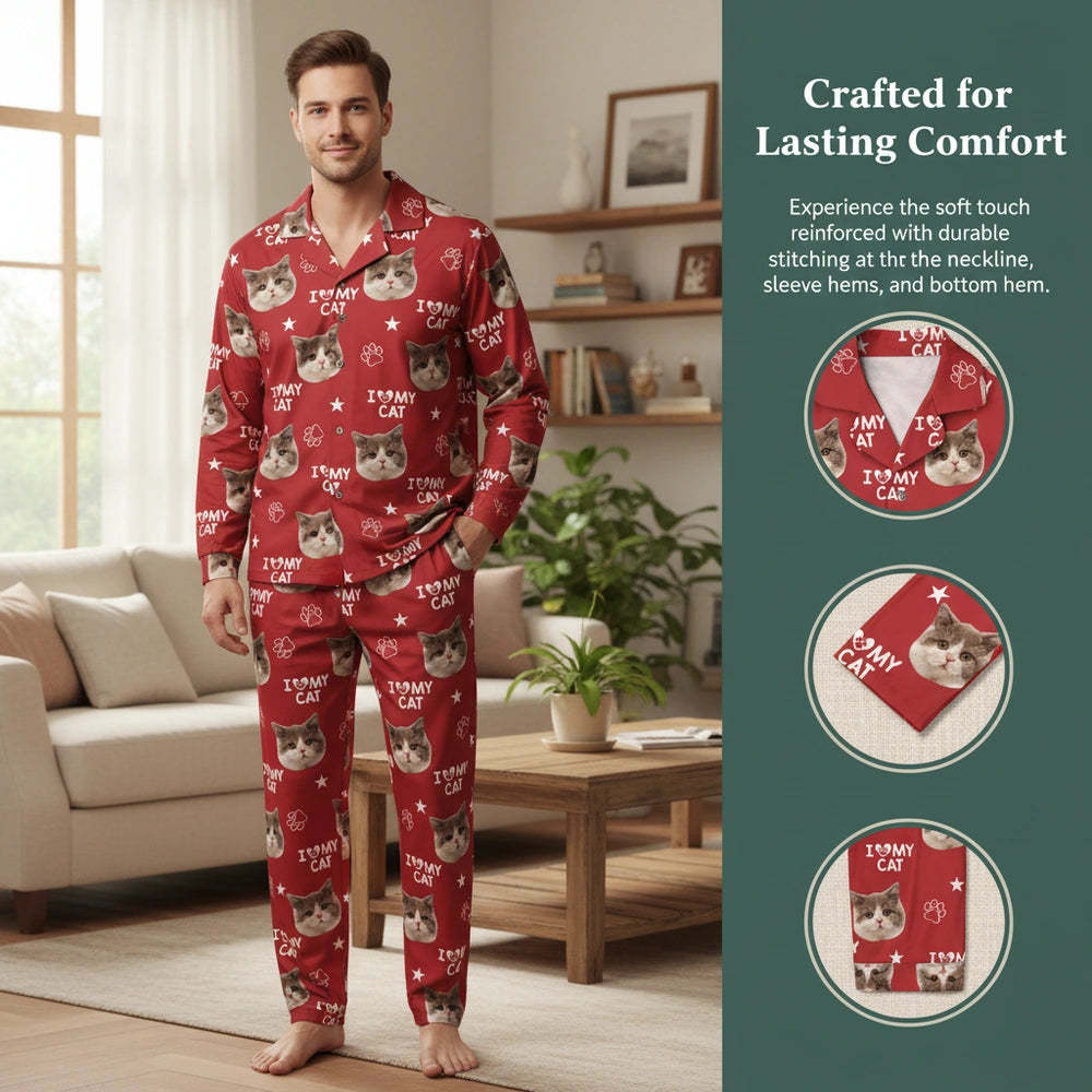 Custom Photo Upload Pajamas with I Love My Cat & Paw Prints close-up detail