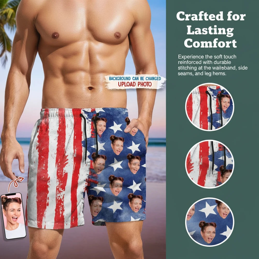 Custom Photo Upload Beach Shorts with American Flag & Stars close-up detail