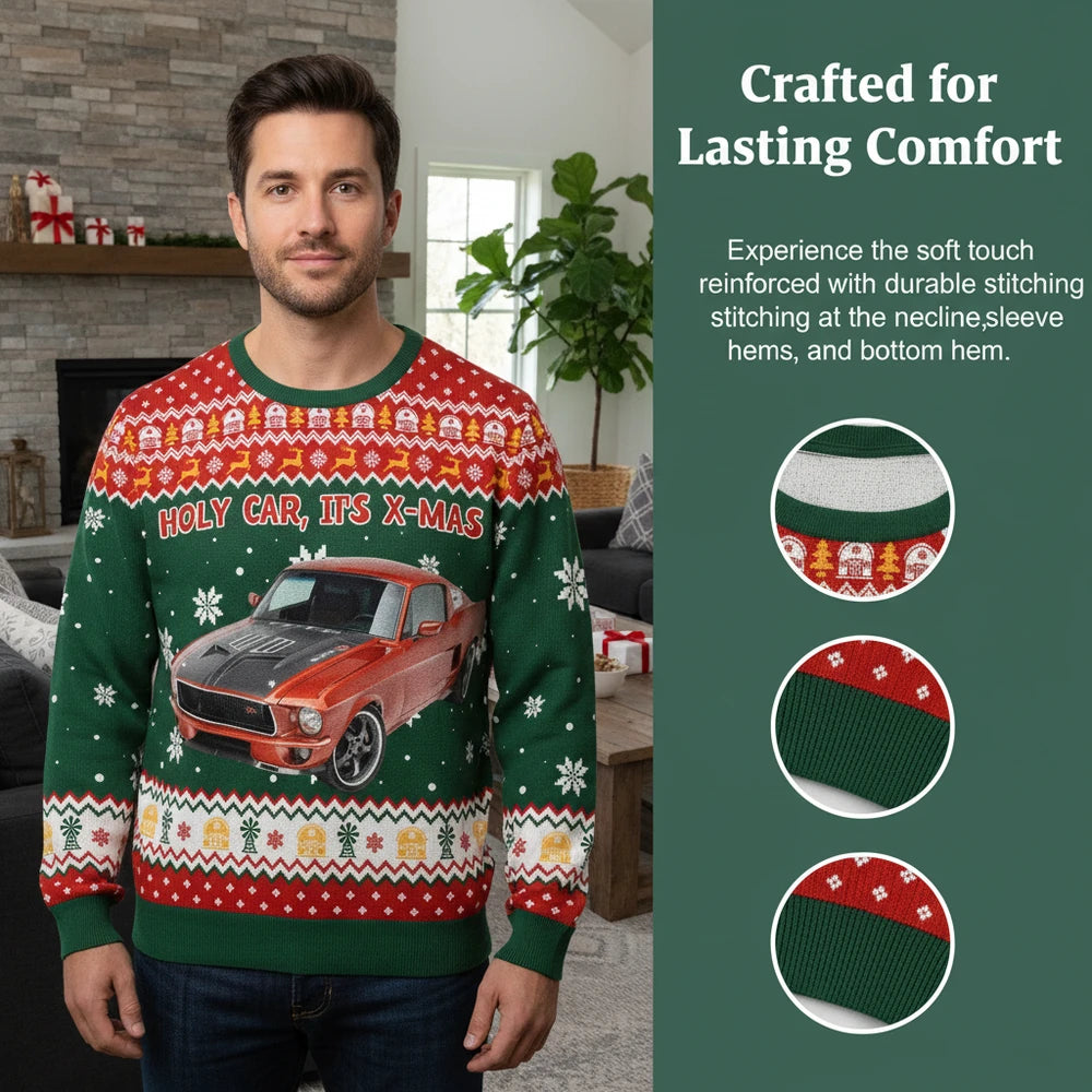 Custom Photo Upload Holy Car It's X-Mas Ugly Christmas Sweater close-up detail