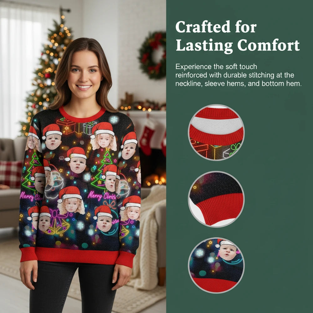 Custom Photo Upload Merry Christmas Sweater with Neon Lights & Trees close-up detail