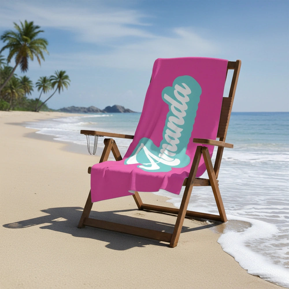 Custom Personalized Beach Towel with Retro Script Name Design close-up detail